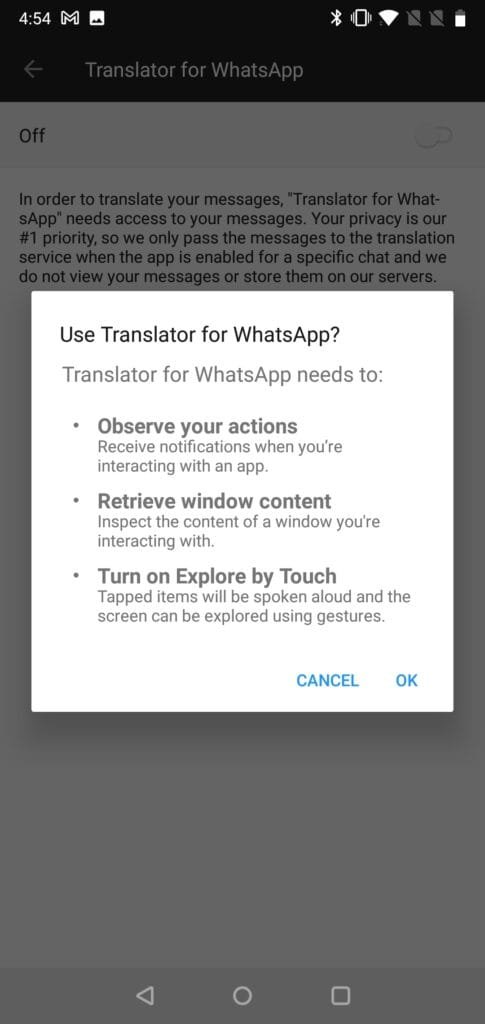 Translator for WhatsApp accessibility setting